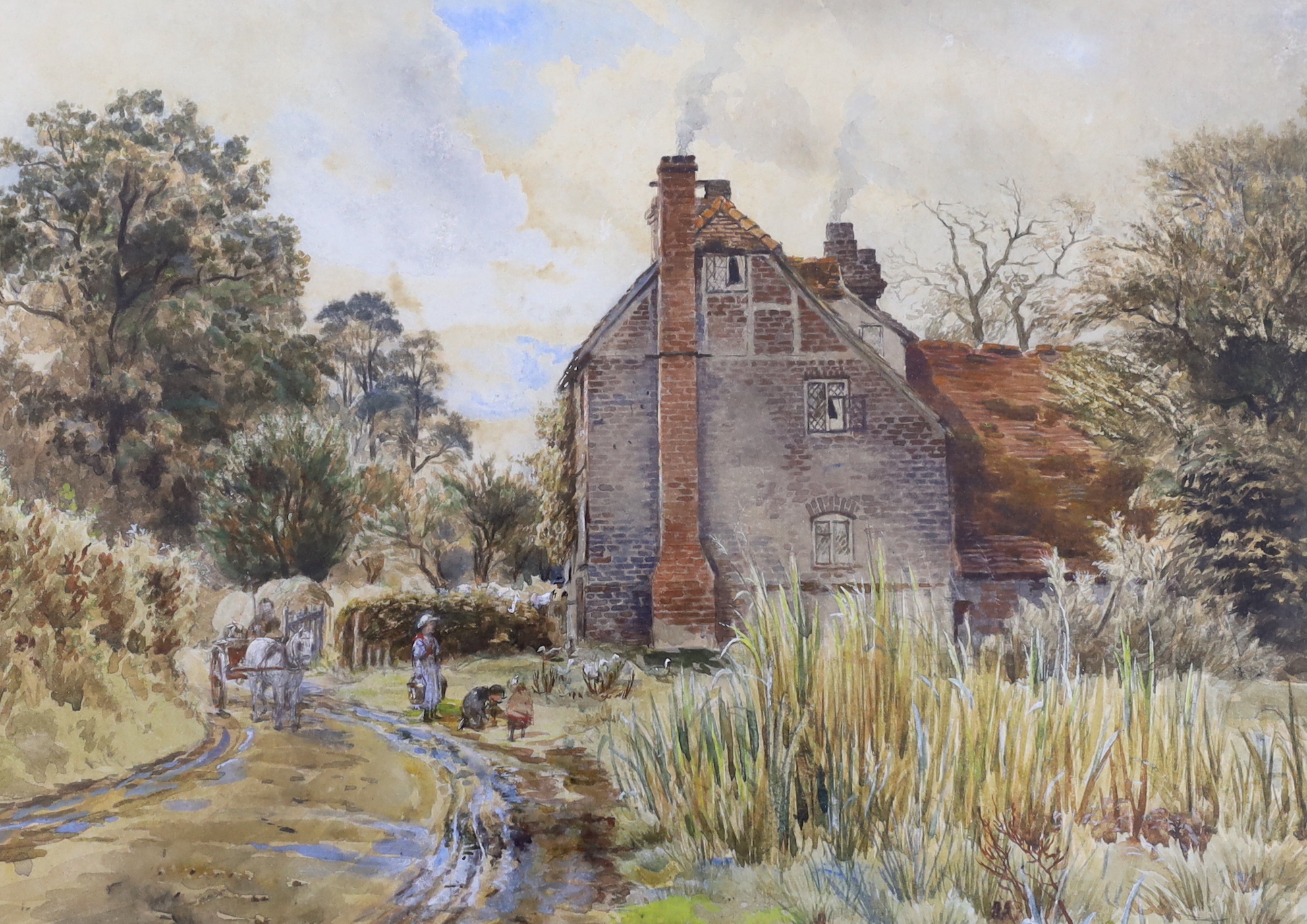 19th century English School, watercolour, Horse, cart and figures by a farmhouse, 25 x 35cm